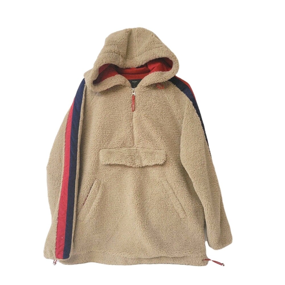 Bershka BSK Sherpa Teddy Hoodie Women’s S Beige Half Zip Pullover Red Lining